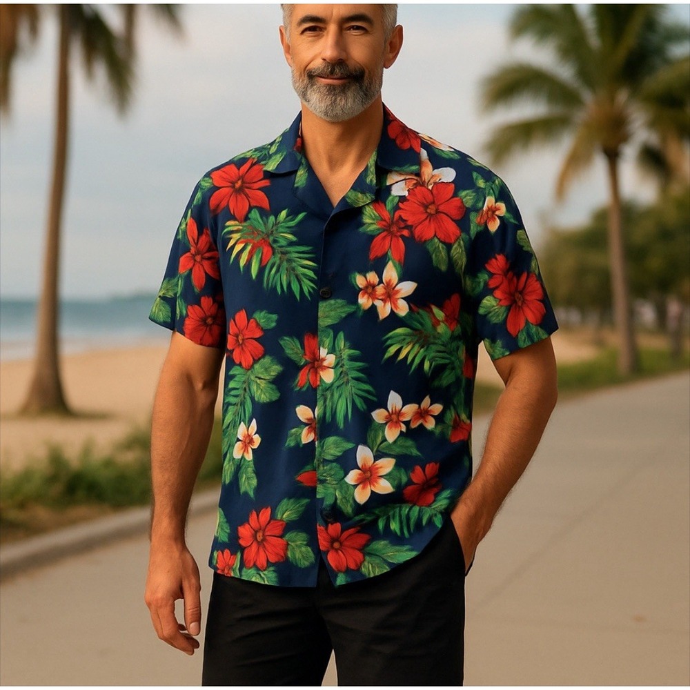 Hawaiian shirt for men, Navy blue With Red Hibiscus Flowers, Amscan, No Size Tag
